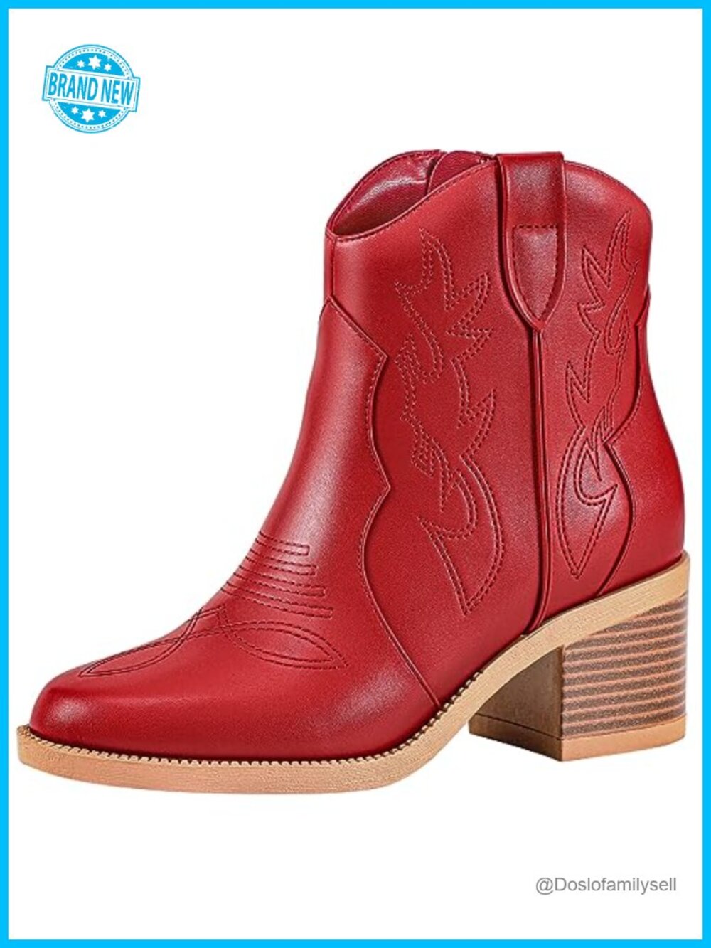 PIZZ ANNU Embroidered Western Cowboy Ankle Boots Round Toe Chunky Heel Booties